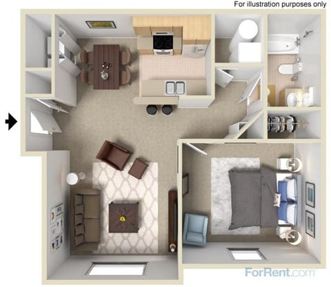 Floor plan for 1 bed, 1 bath, 678 sqft