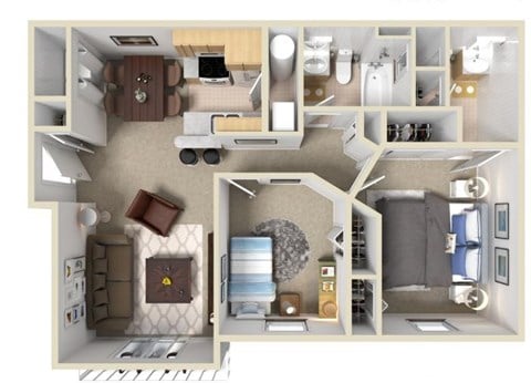 Floor plan for 2 beds, 2 baths, 933 sqft