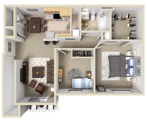 Floor plan for 2 beds, 1 bath, 1046 sqft