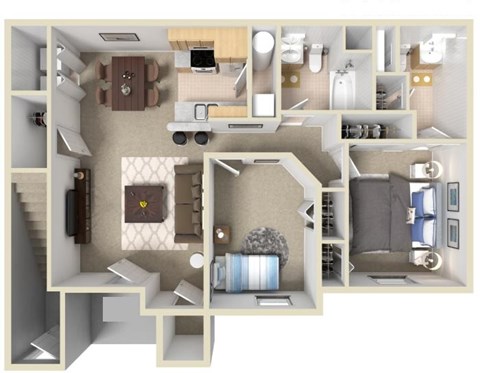Floor plan for 2 beds, 2 baths, 1088 sqft