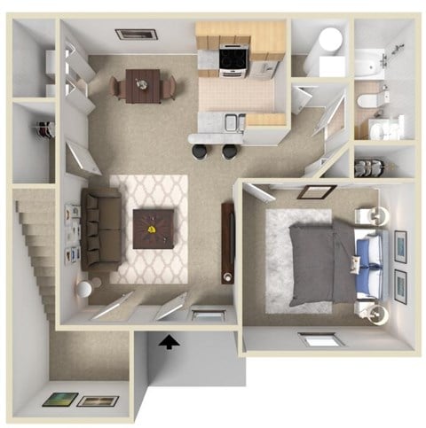 Floor plan for 1 bed, 1 bath, 848 sqft