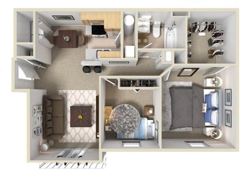 Floor plan for 2 beds, 1 bath, 933 sqft