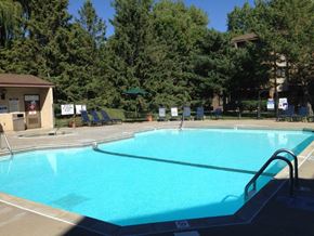 Minnetonka apartment for rent - A large swimming pool surrounded by trees and a building.