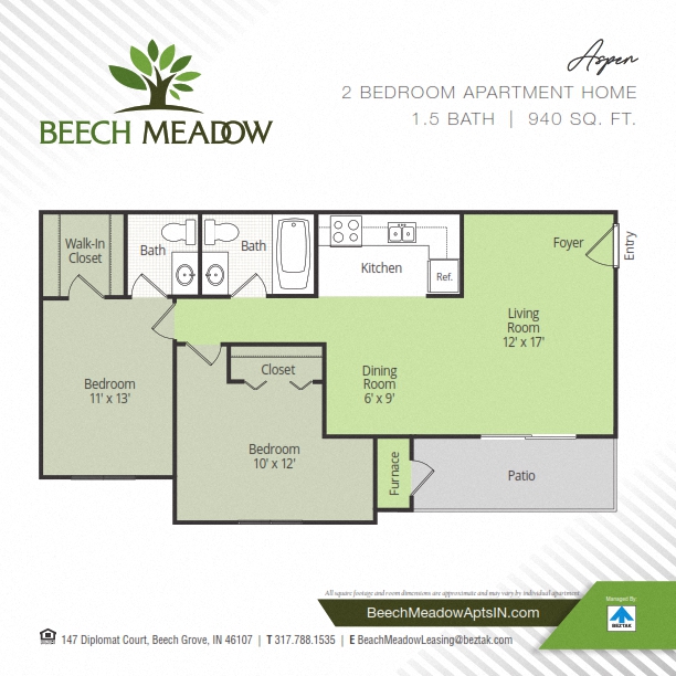 Floor plan for 2 beds, 1.5 baths, 940 sqft