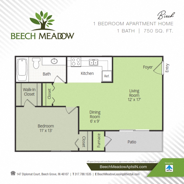 Floor plan for 1 bed, 1 bath, 750 sqft
