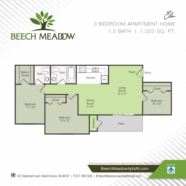 Floor plan for 3 beds, 1.5 baths, 1020 sqft