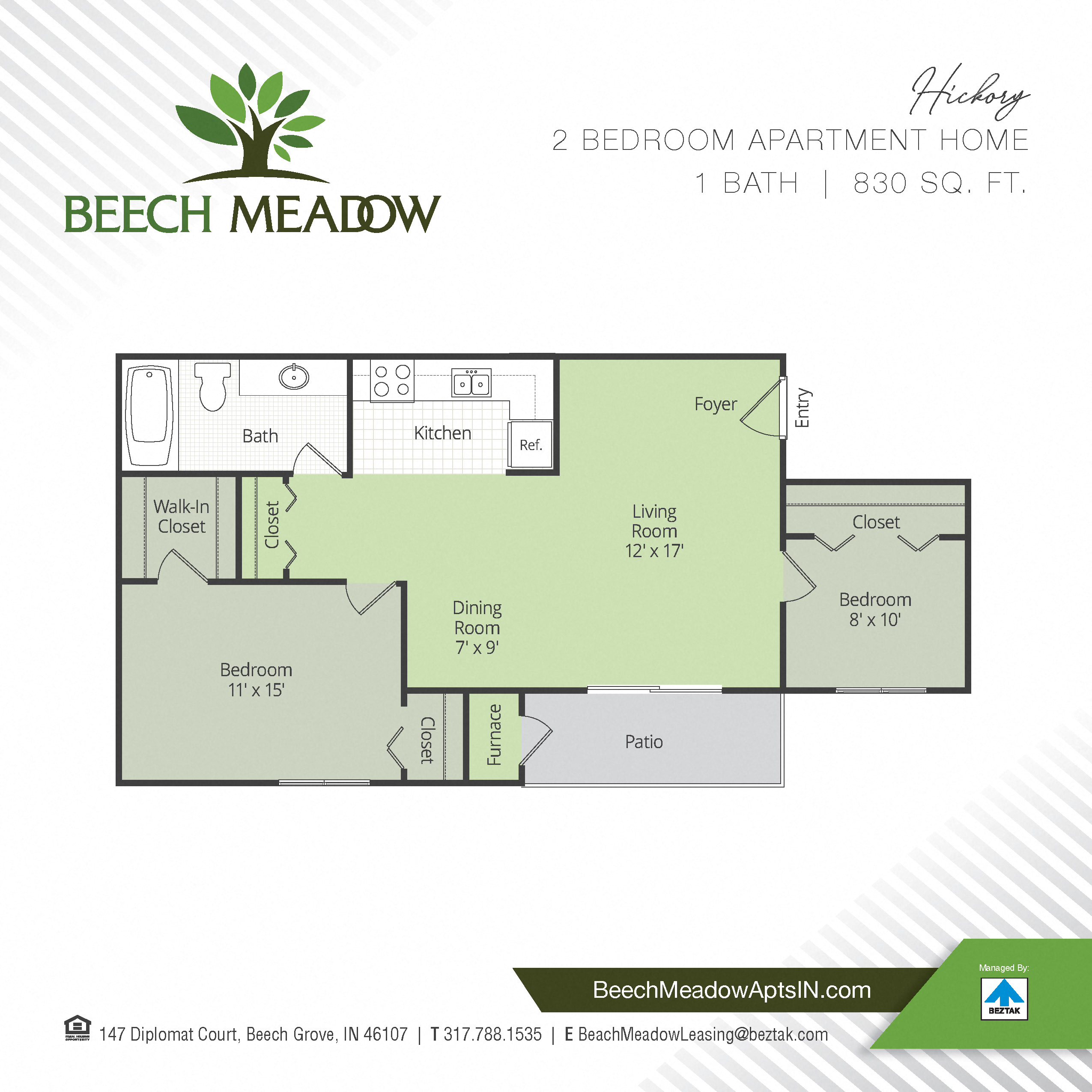Floor plan for 2 beds, 1 bath, 830 sqft