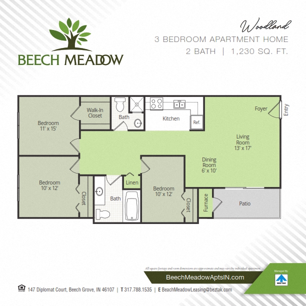 Floor plan for 3 beds, 2 baths, 1230 sqft