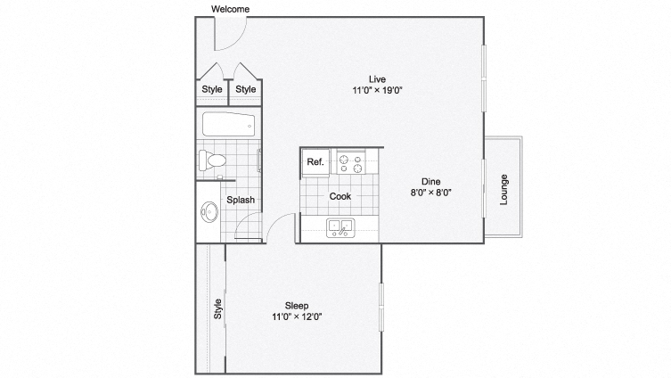 Floor plan for 1 bed, 1 bath, 731 sqft