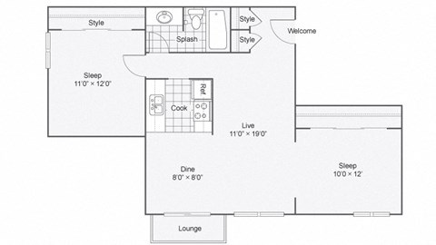 Floor plan for 2 beds, 1 bath, 829 sqft