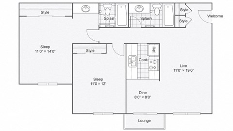 Floor plan for 2 beds, 2 baths, 1013 sqft