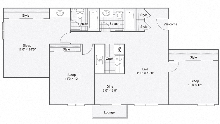 Floor plan for 3 beds, 2 baths, 1136 sqft