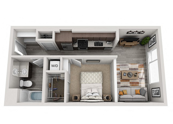 Floor plan for 1 bed, 1 bath, 592 sqft
