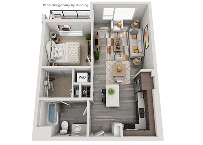 Floor plan for 1 bed, 1 bath, 674 sqft
