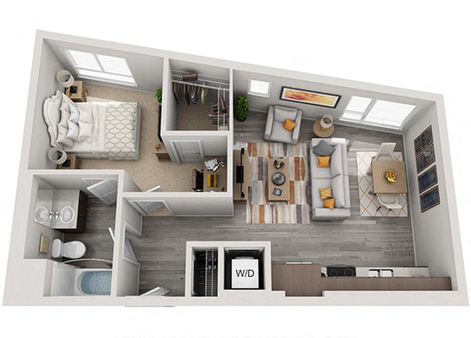 Floor plan for 1 bed, 1 bath, 677 sqft