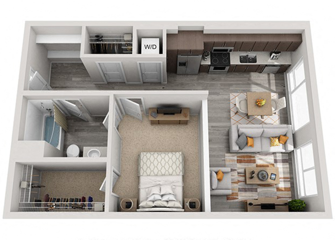 Floor plan for 1 bed, 1 bath, 712 sqft