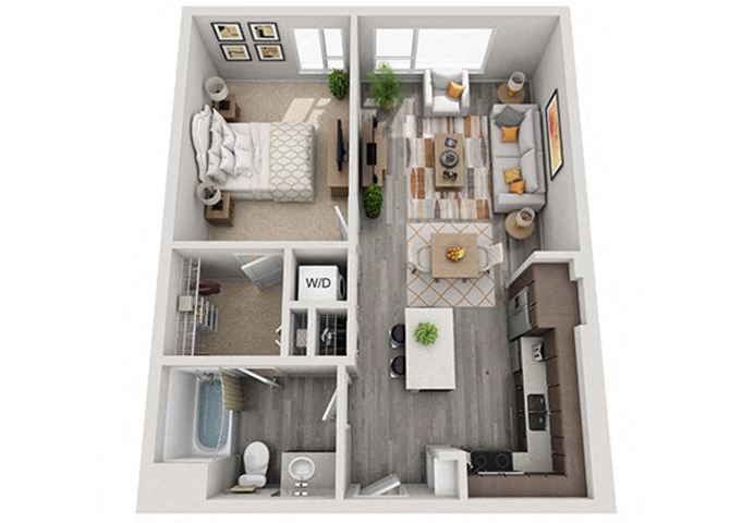 Floor plan for 1 bed, 1 bath, 712 sqft