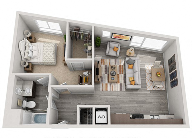 Floor plan for 1 bed, 1 bath, 748 sqft