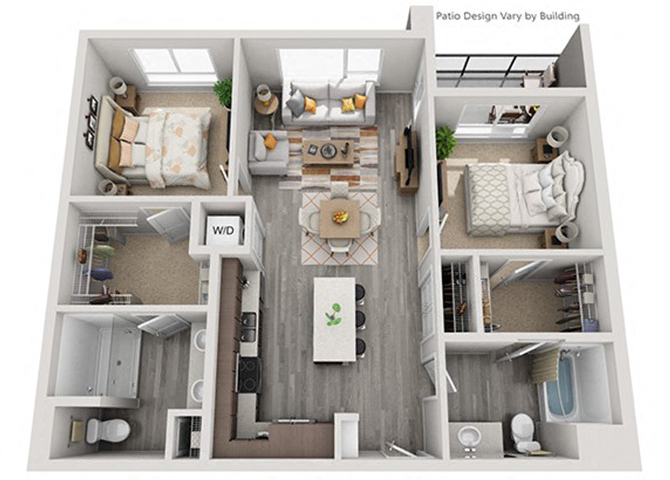 Floor plan for 2 beds, 2 baths, 1031 sqft