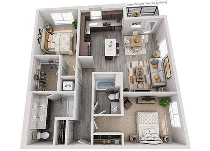 Floor plan for 2 beds, 2 baths, 1101 sqft