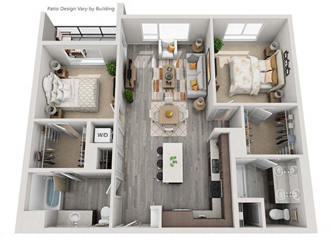 Floor plan for 2 beds, 2 baths, 1160 sqft