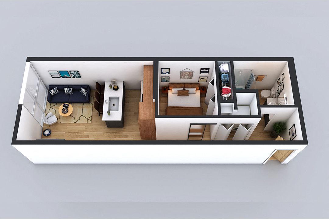Floor plan for 1 bed, 1 bath, 635 sqft