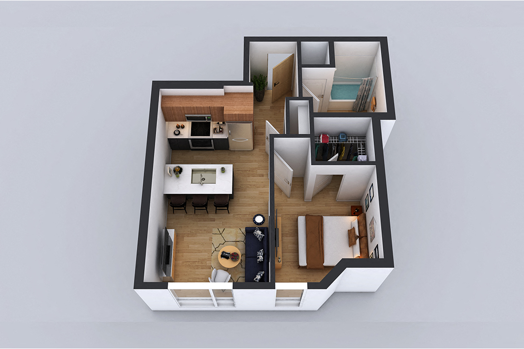 Floor plan for 1 bed, 1 bath, 572 sqft