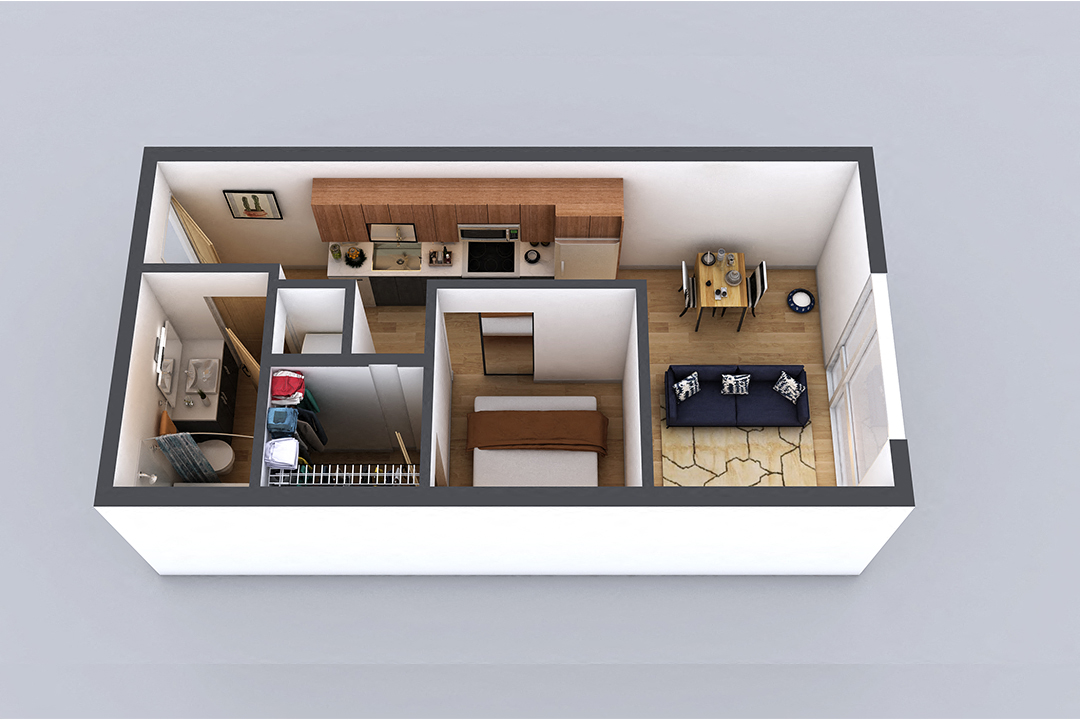 Floor plan for 1 bed, 1 bath, 527 sqft