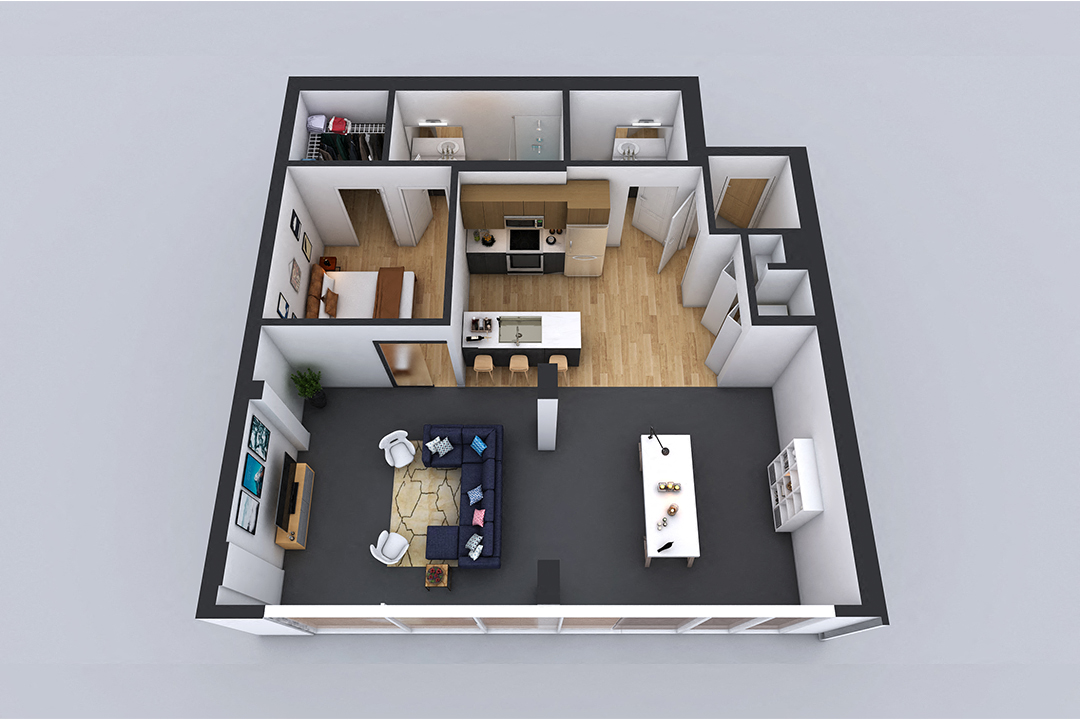 Floor plan for 1 bed, 1 bath, 1002 sqft