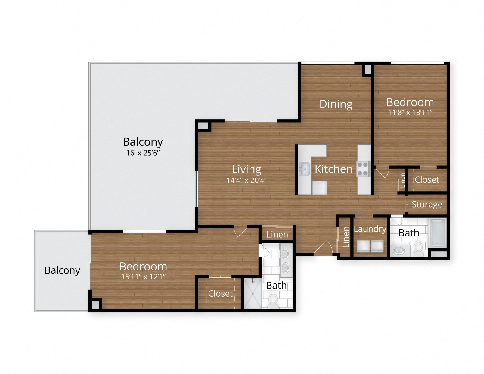 Floor plan for 2 beds, 2 baths, 1600 sqft
