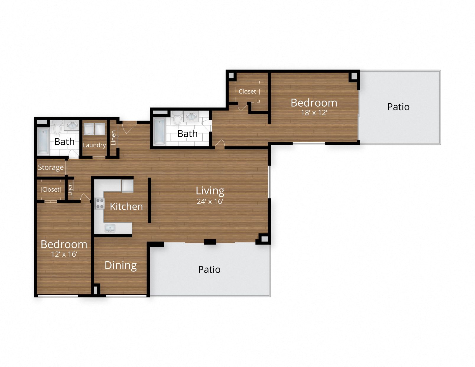Floor plan for 2 beds, 2 baths, 1600 sqft