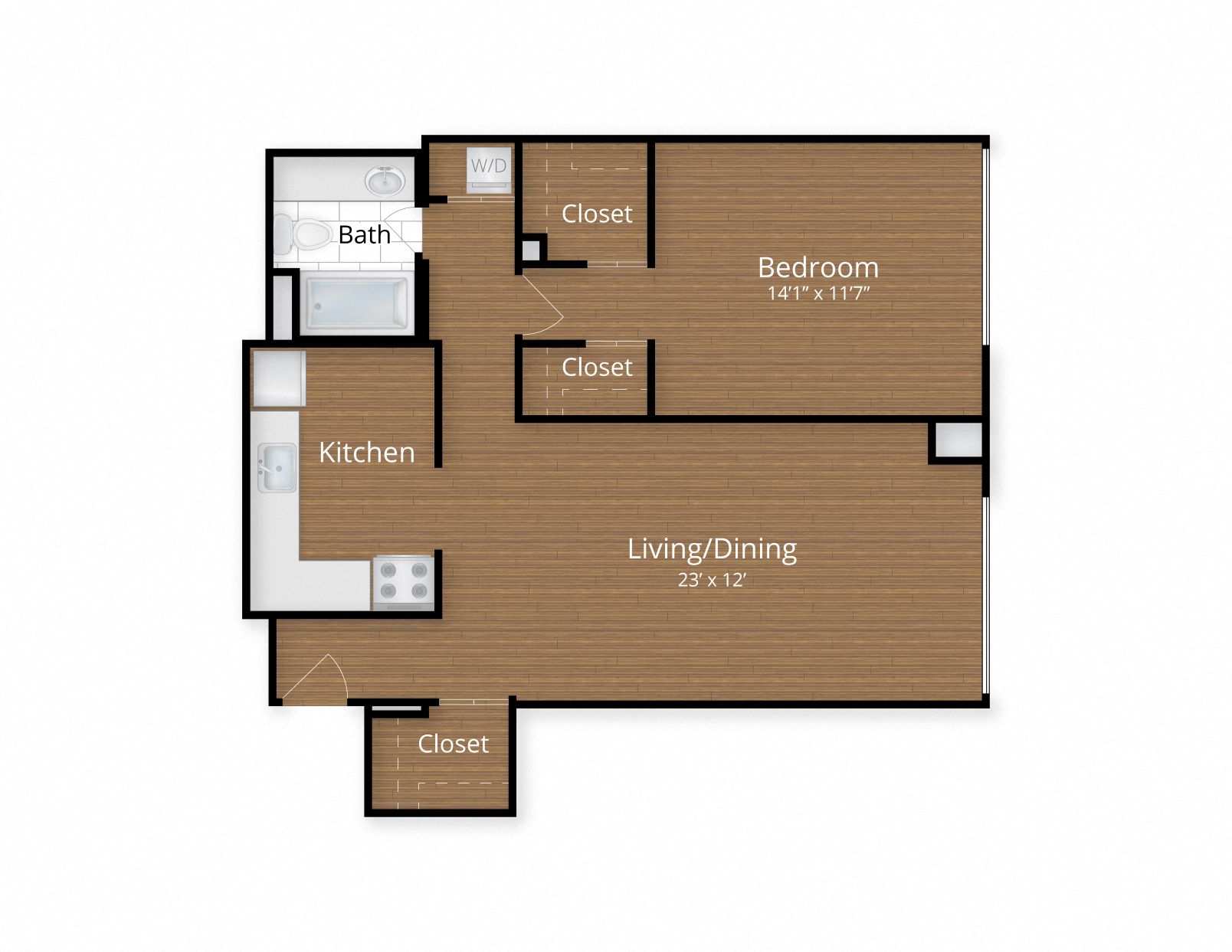 Floor plan for 1 bed, 1 bath, 766 sqft
