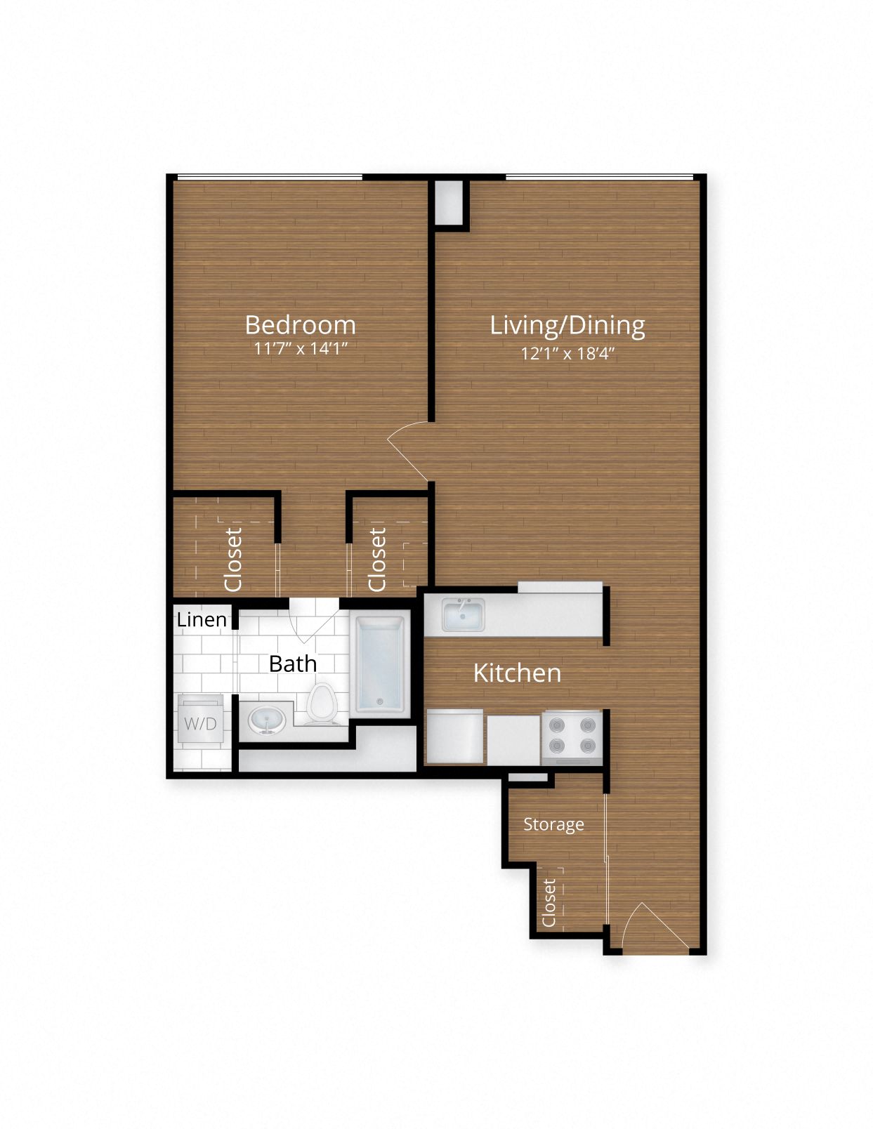 Floor plan for 1 bed, 1 bath, 748 sqft