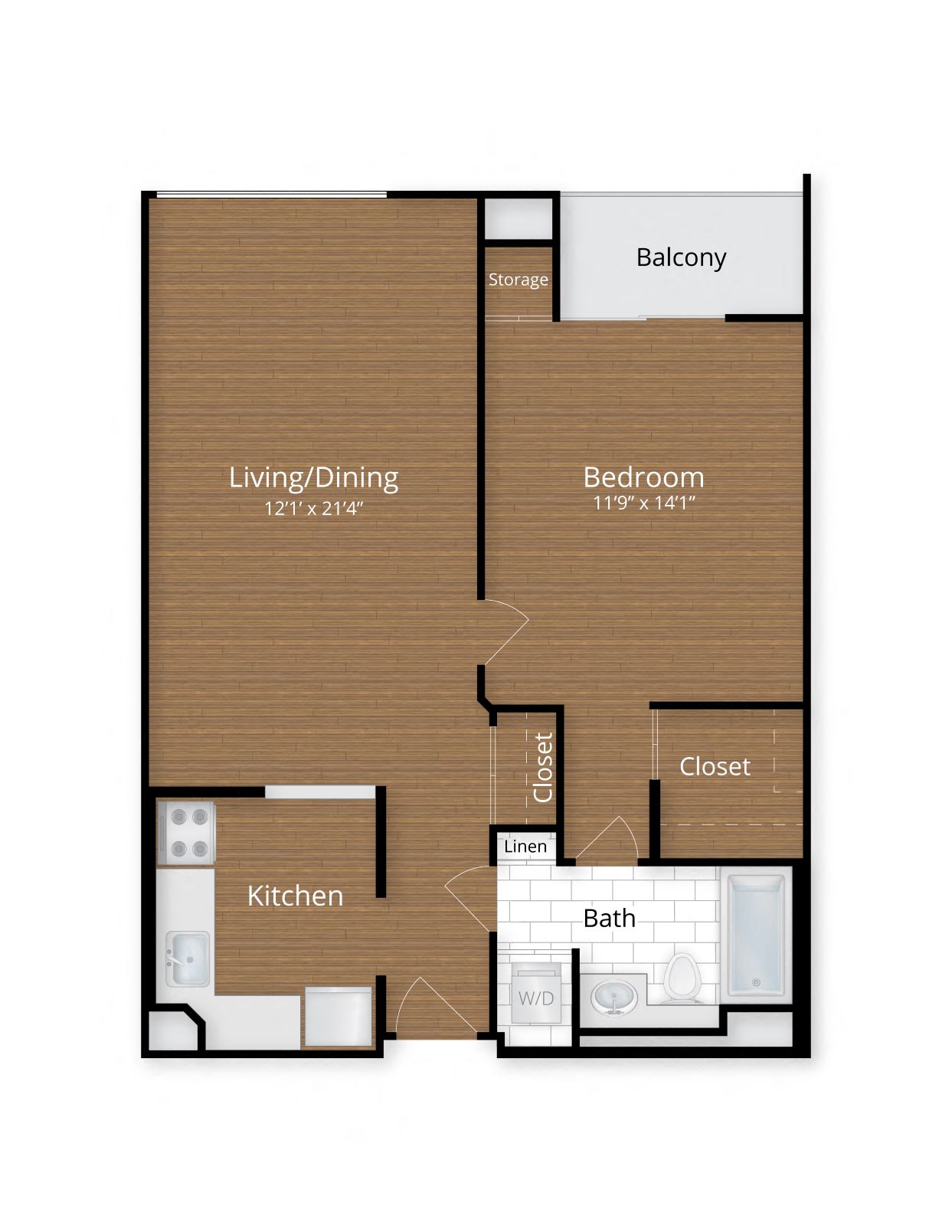 Floor plan for 1 bed, 1 bath, 737 sqft