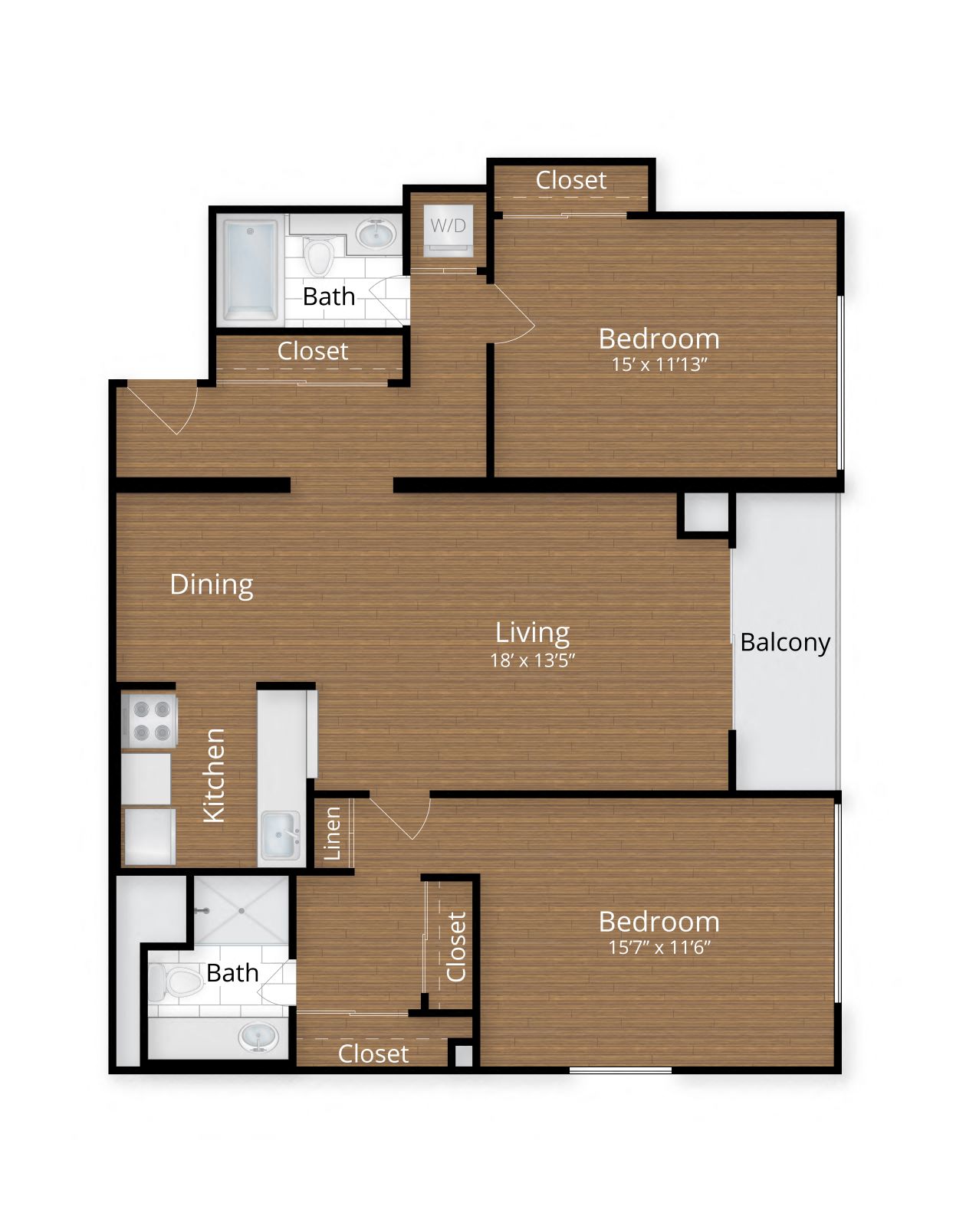 Floor plan for 2 beds, 2 baths, 1168 sqft