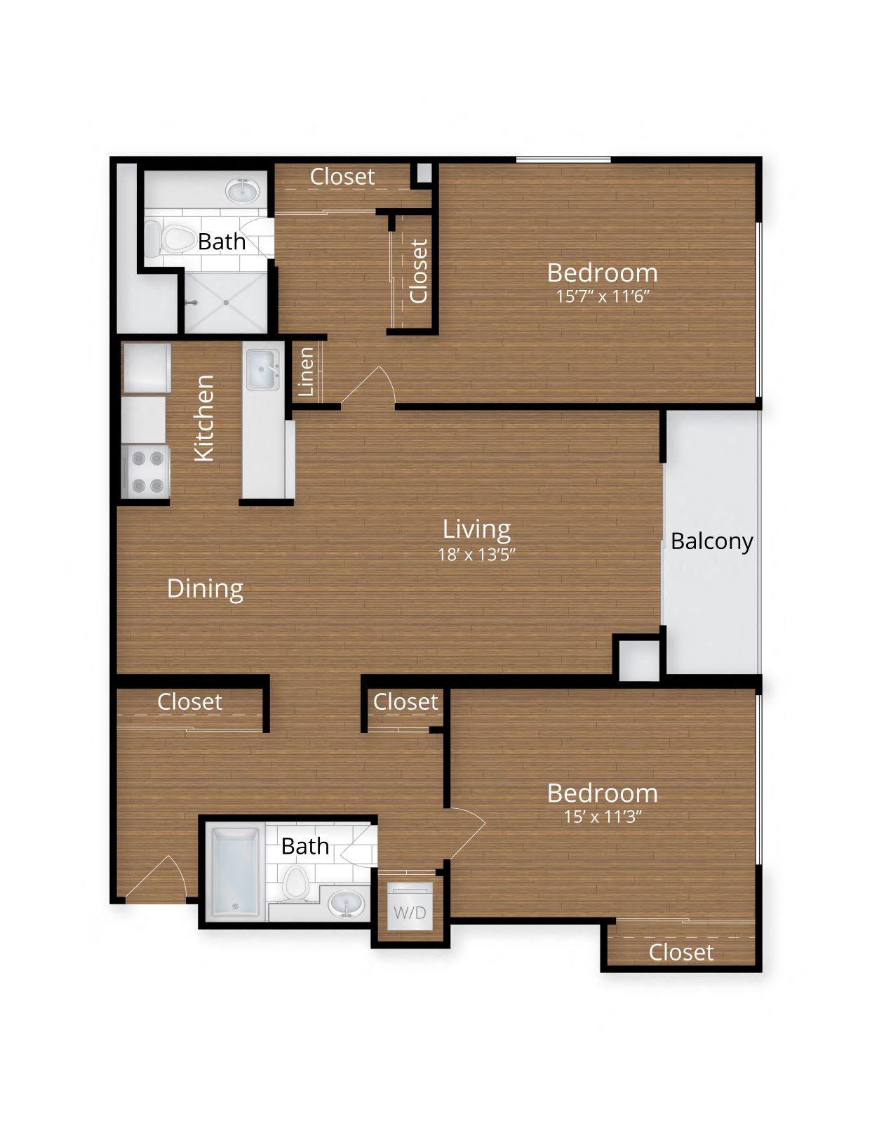 Floor plan for 2 beds, 2 baths, 1168 sqft