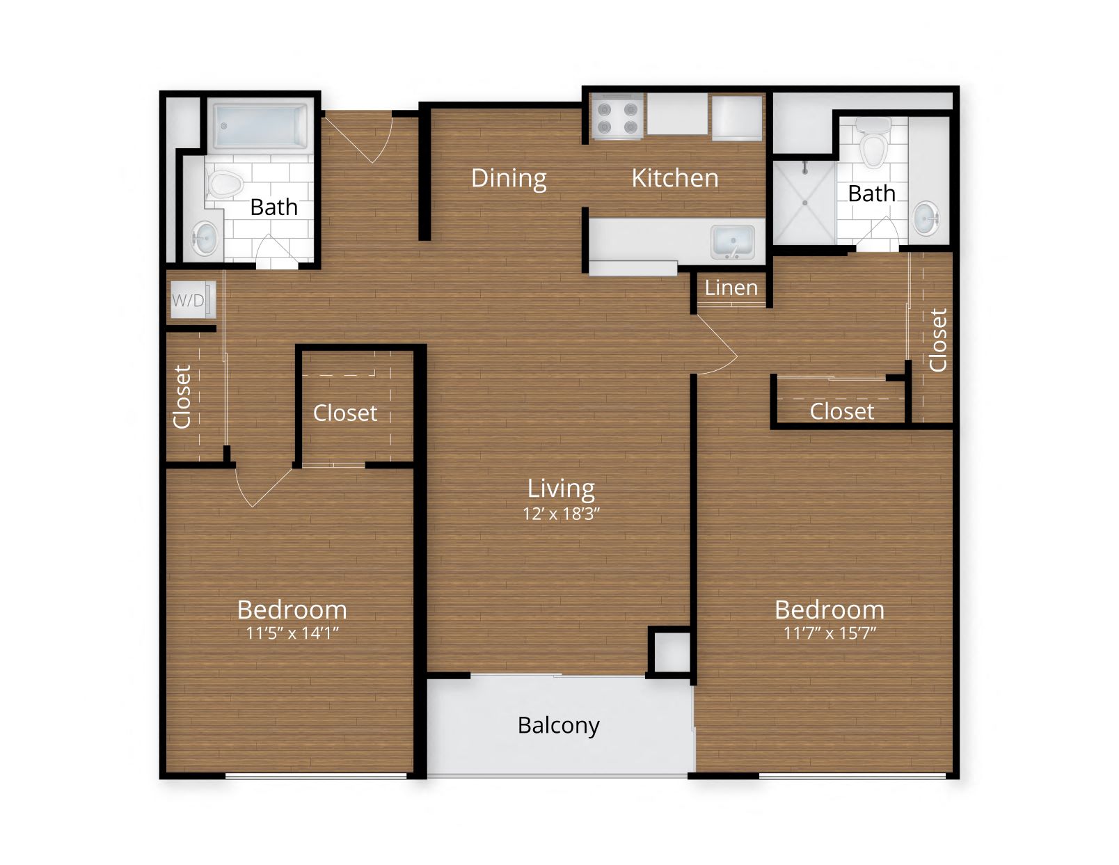 Floor plan for 2 beds, 2 baths, 1120 sqft