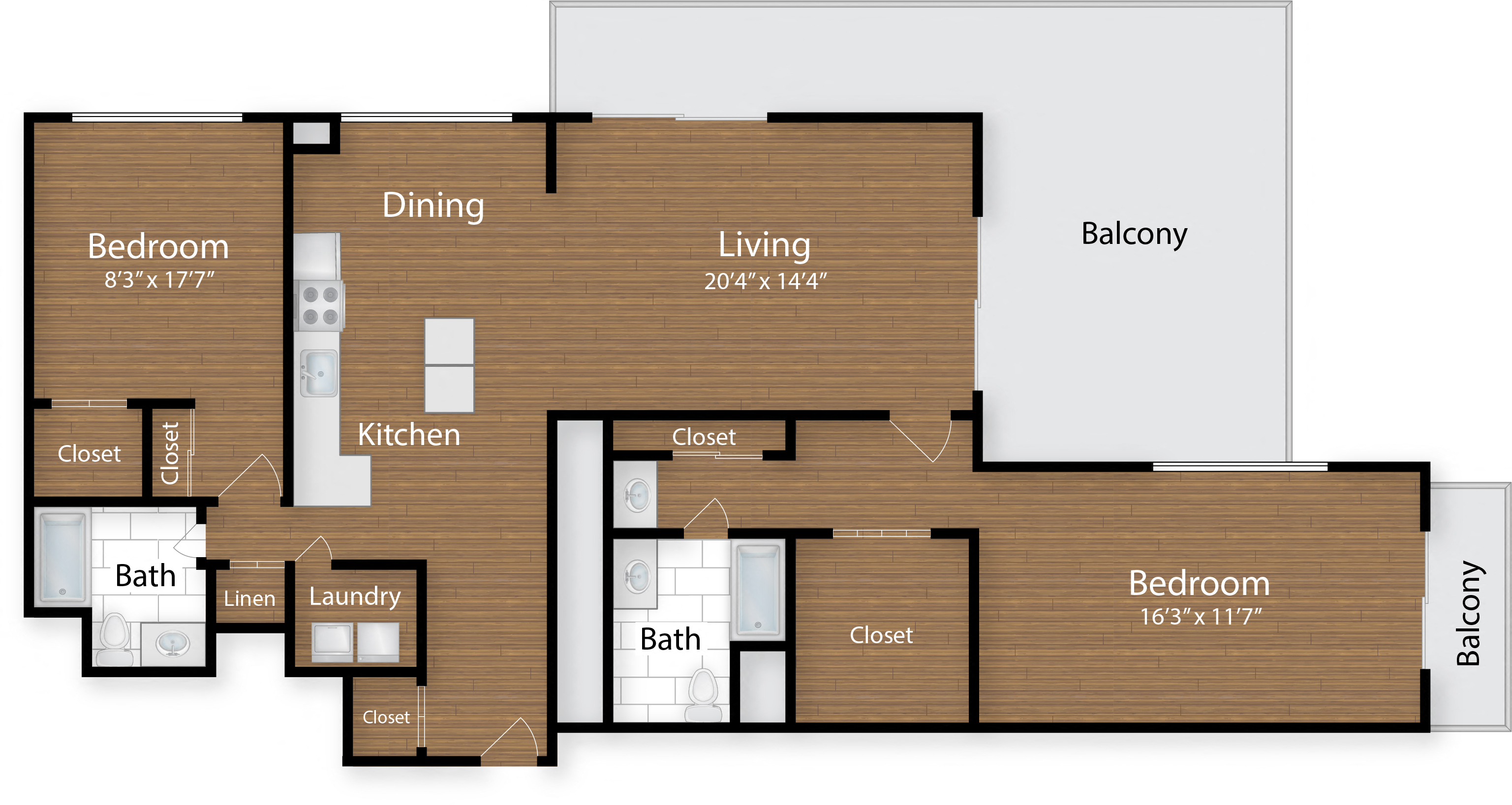 Floor plan for 2 beds, 2 baths, 1600 sqft