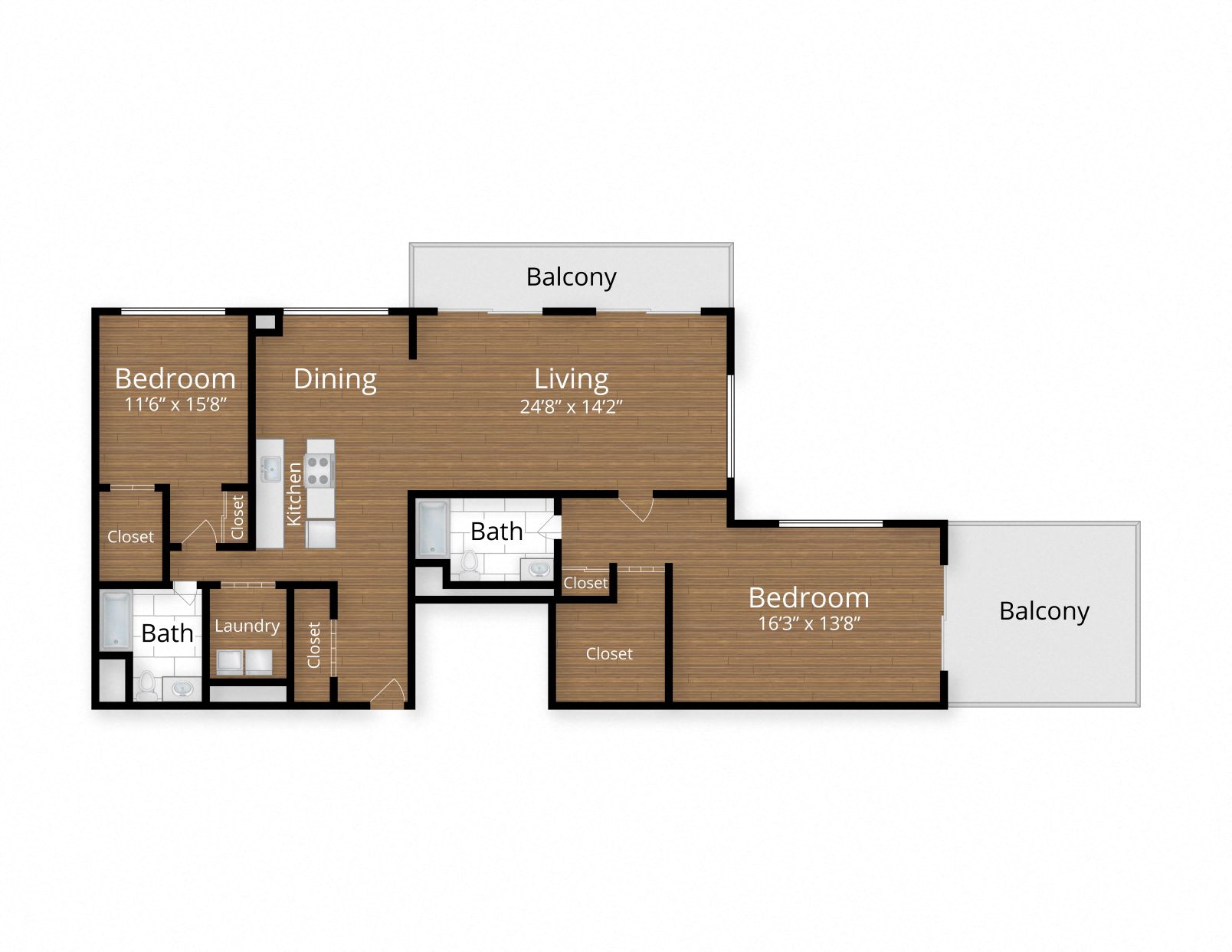 Floor plan for 2 beds, 2 baths, 1600 sqft