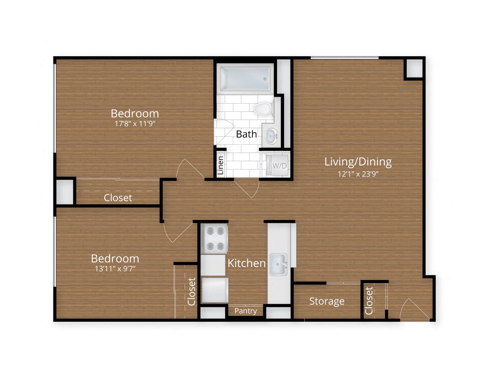 Floor plan for 2 beds, 1 bath, 890 sqft