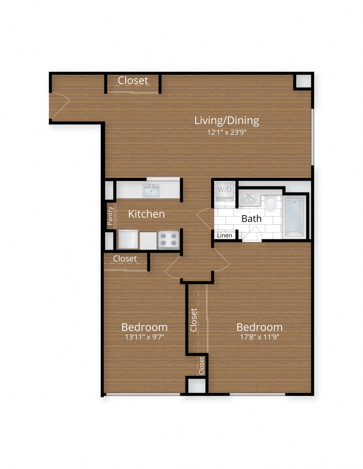 Floor plan for 2 beds, 1 bath, 892 sqft