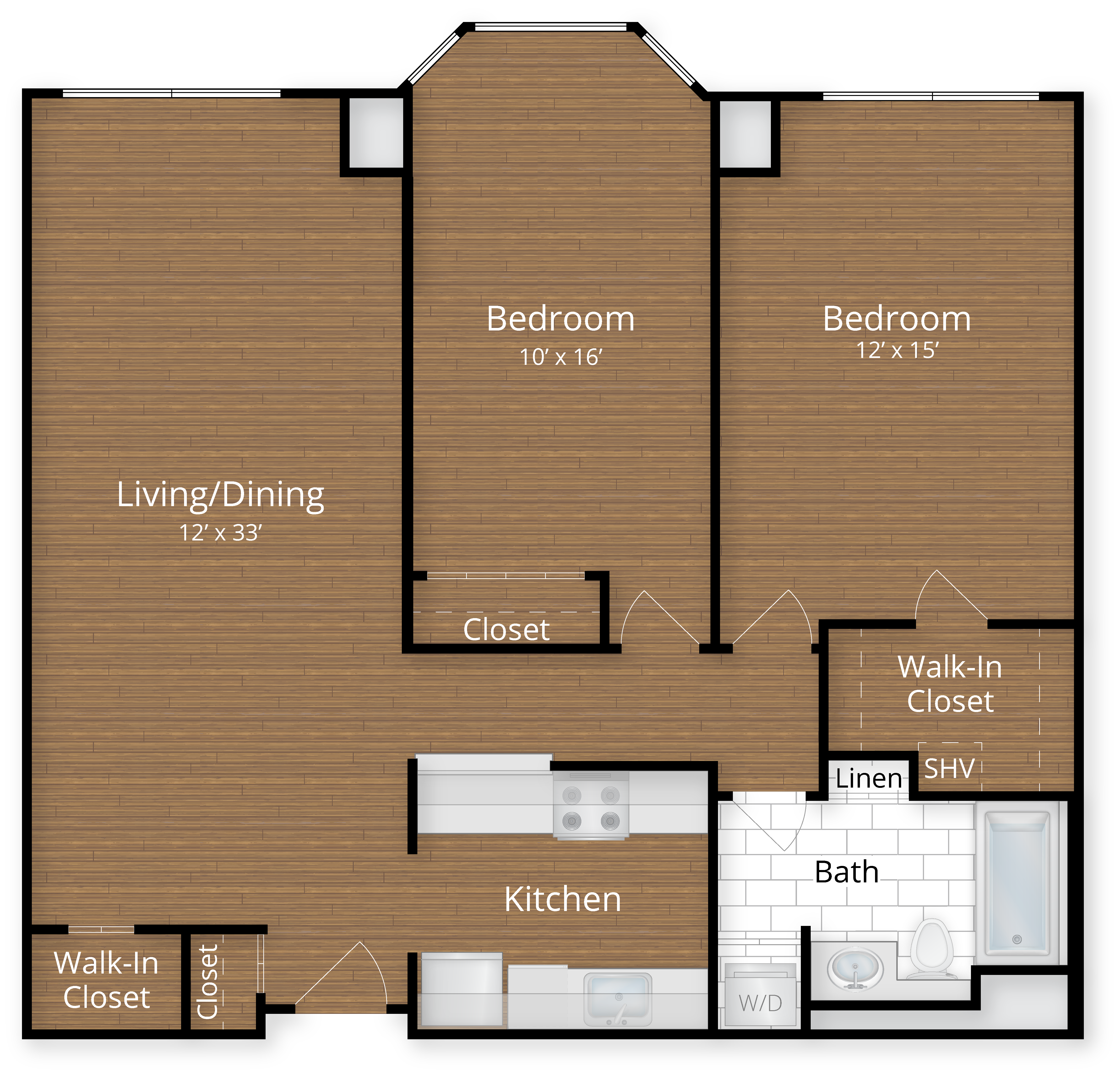 Floor plan for 2 beds, 1 bath, 984 sqft