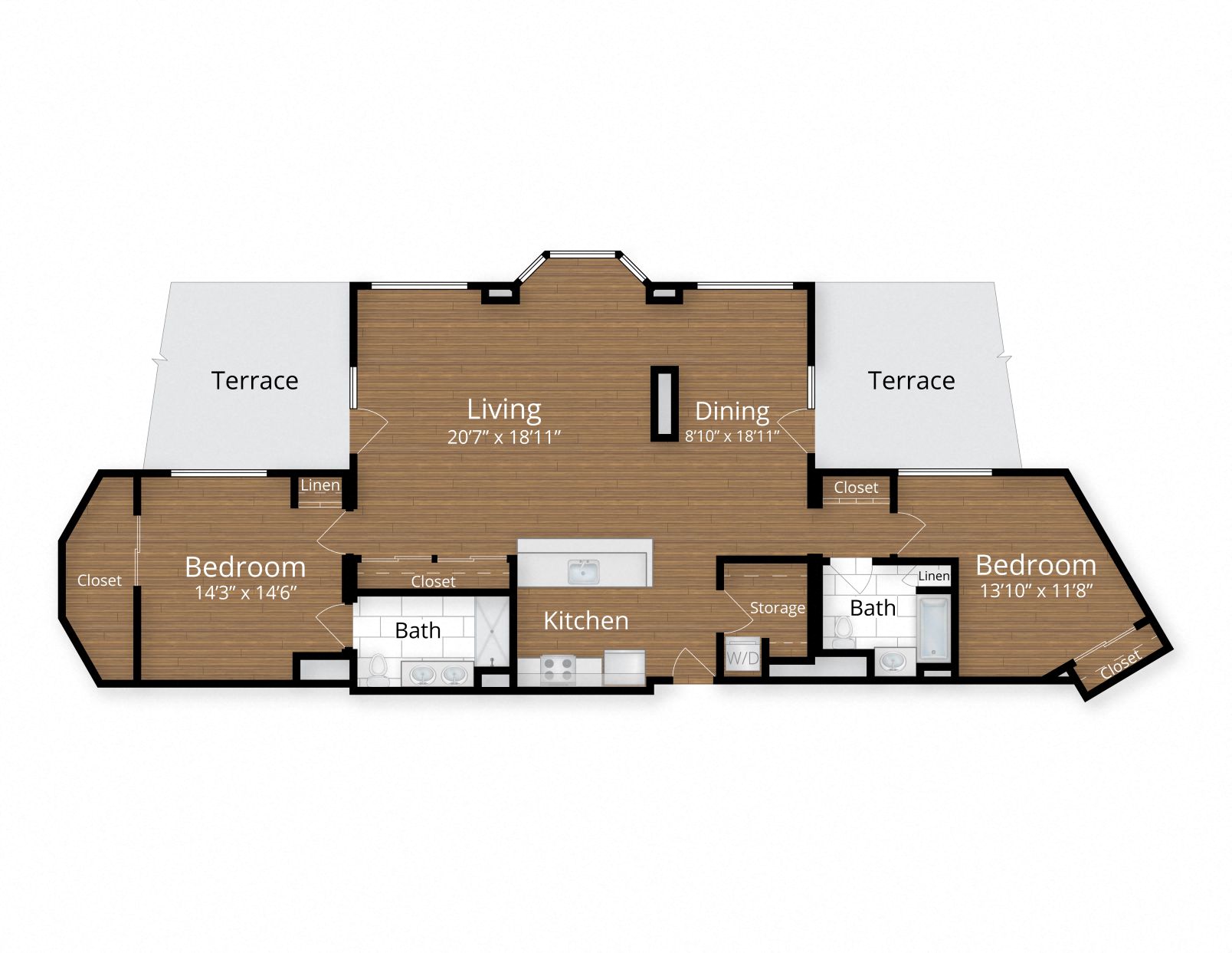 Floor plan for 2 beds, 2 baths, 1485 sqft