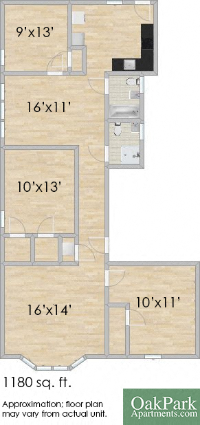 Floor plan for 3 beds, 2 baths, 1180 sqft
