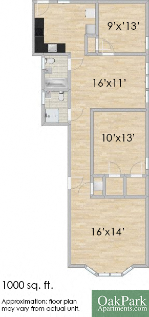 Floor plan for 2 beds, 2 baths, 1000 sqft