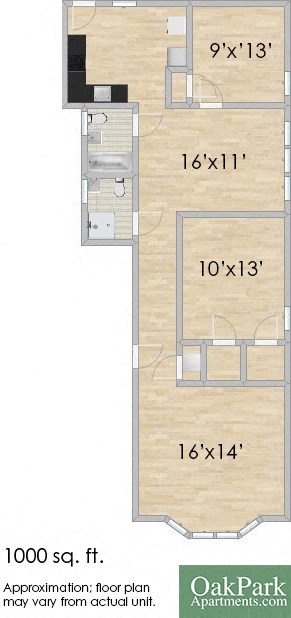Floor plan for 2 beds, 2 baths, 1000 sqft