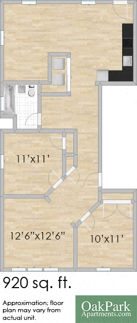 Floor plan for 2 beds, 1 bath, 920 sqft