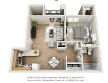 Floor plan for 1 bed, 1 bath, 717 sqft