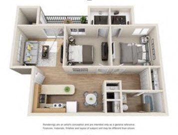 Floor plan for 2 beds, 1 bath, 838 sqft