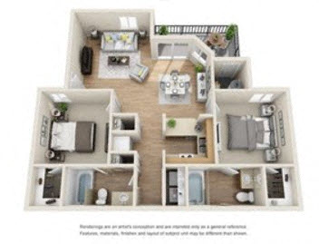 Floor plan for 2 beds, 2 baths, 952 sqft